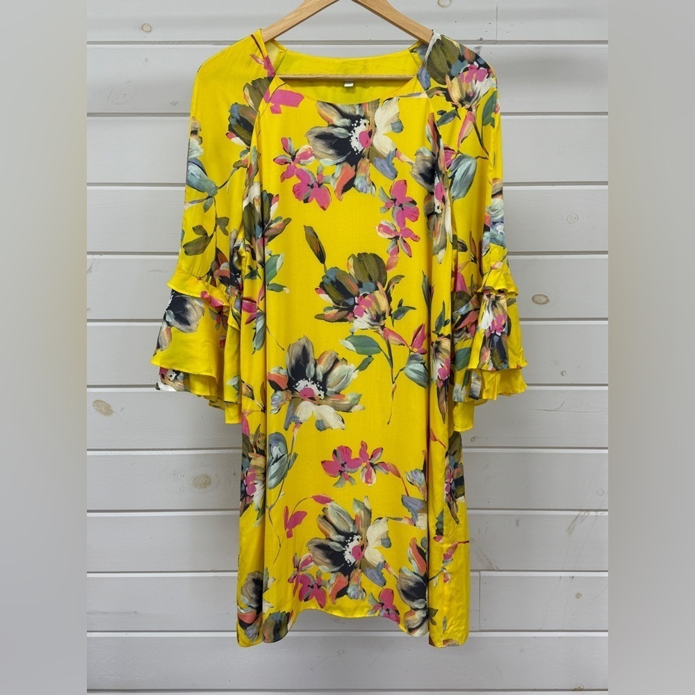 Gianni Bini Dandy Yellow Floral Dress Ruffle Flare Sleeves Women's Large - Picture 1 of 10